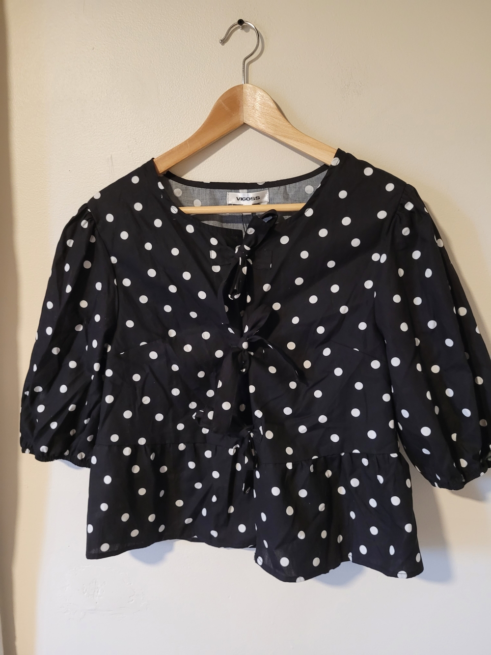 Vigoss Black with White Polka Dot Tie-Front Peplum Top
